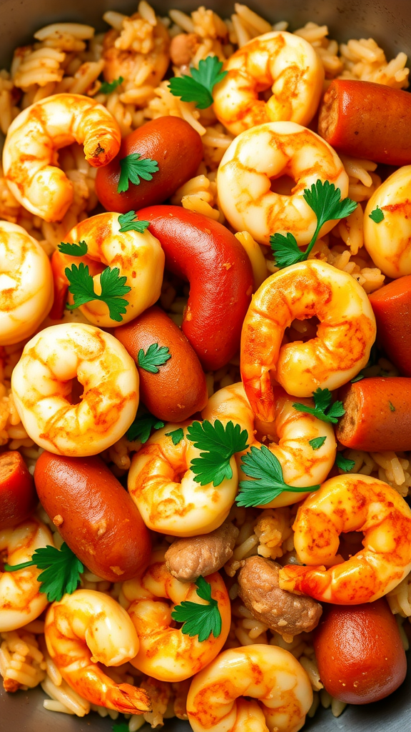 A close-up view of jambalaya featuring shrimp, sausage, and rice, garnished with fresh parsley.