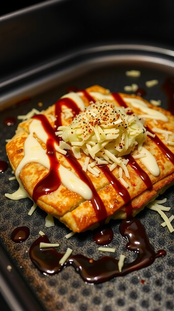 A savory Japanese okonomiyaki topped with sauces and ingredients