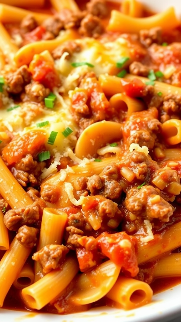 A delicious serving of Johnny Marzetti Casserole with pasta, ground beef, and tomato sauce