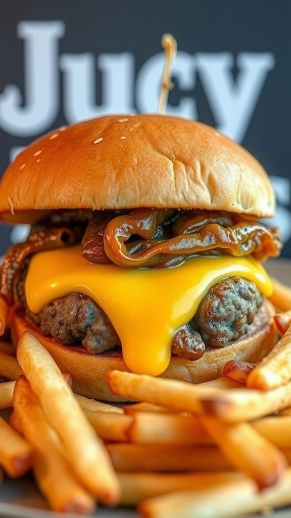 A Jucy Lucy burger with melted cheese and sautéed onions served with fries