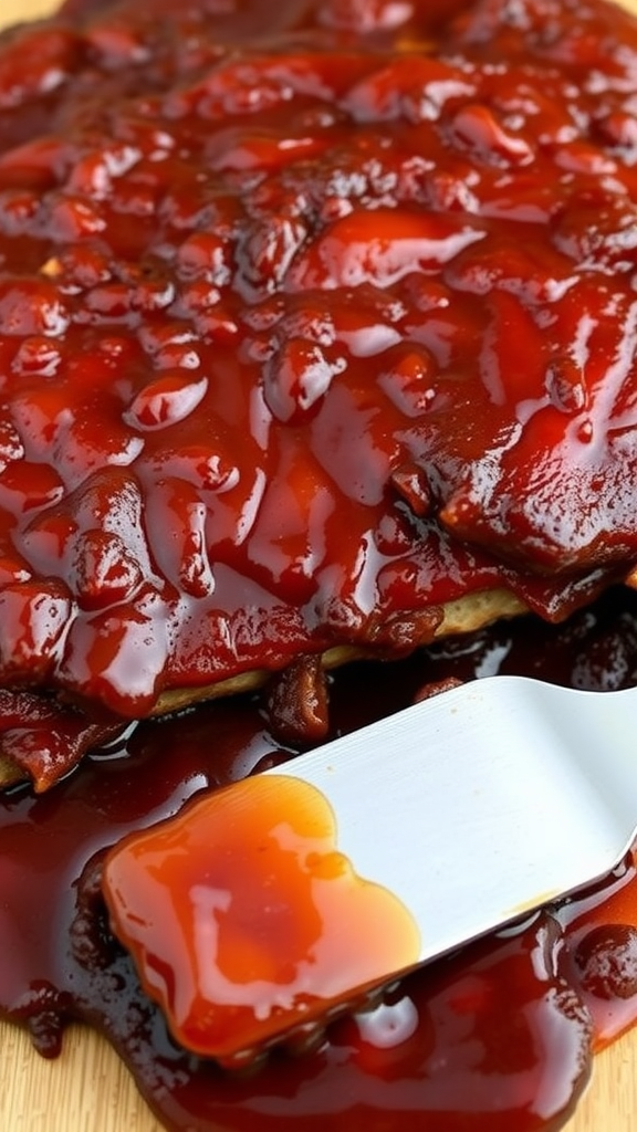 A close-up of barbecue sauce slathered on meat, showcasing its rich, glossy texture.