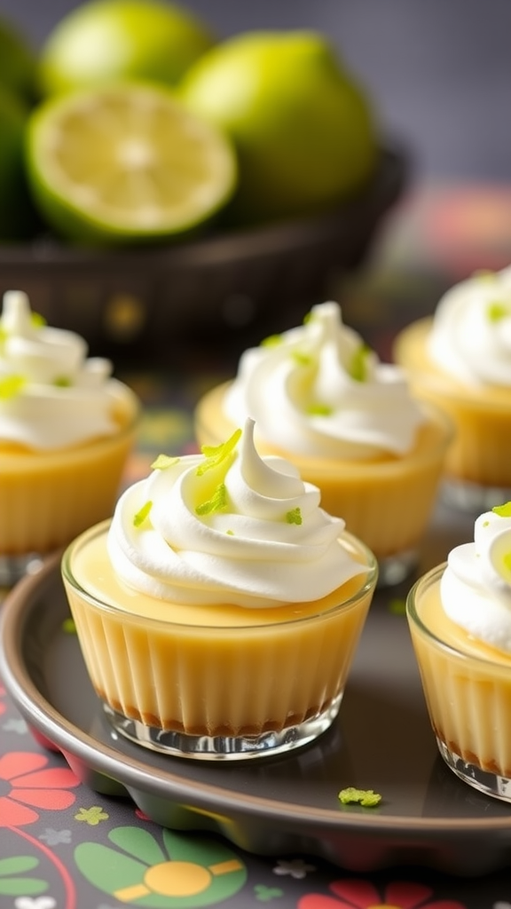 Key Lime Pie Cups topped with whipped cream and lime zest, with fresh limes in the background