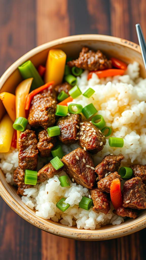 A bowl of Korean beef with rice and colorful vegetables.