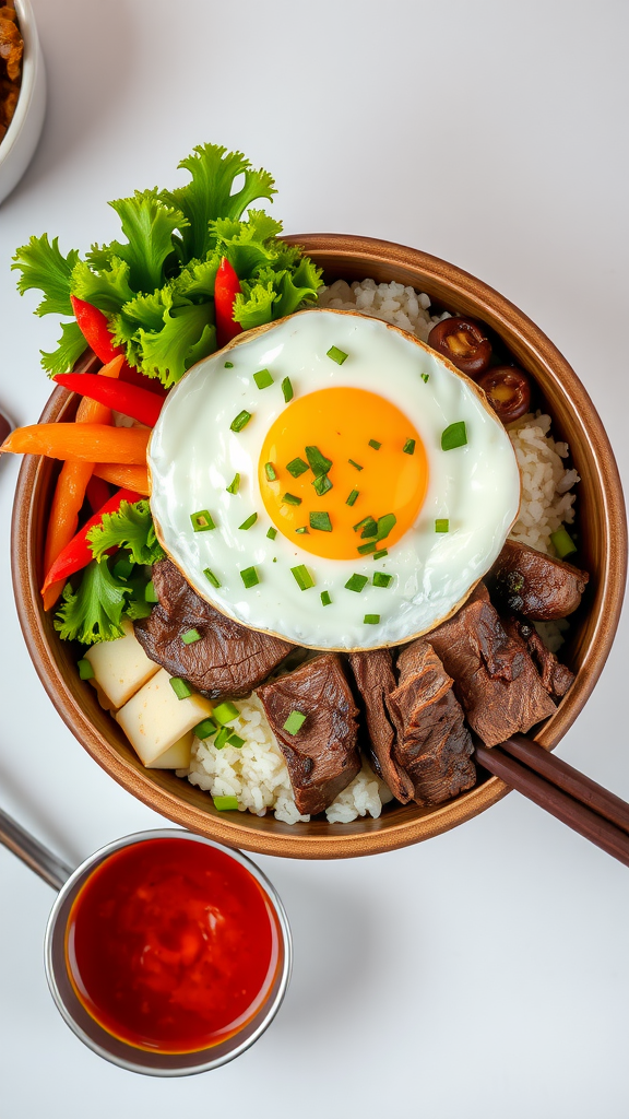 A bowl of Korean Bibimbap with vegetables, rice, beef, and a fried egg on top.