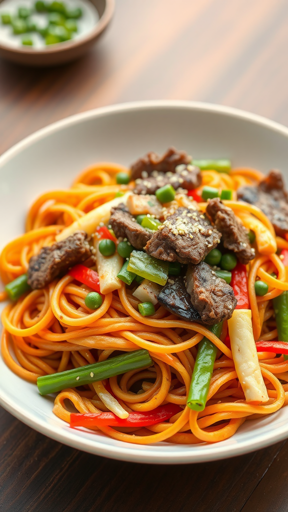 A colorful plate of Korean Japchae with noodles, beef, and vegetables.