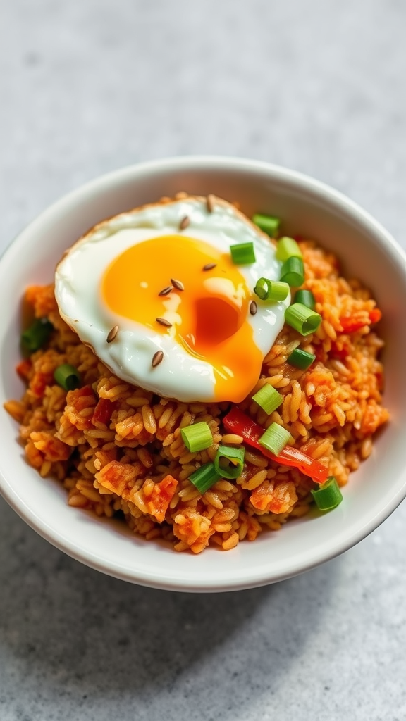 A bowl of Korean Kimchi Fried Rice topped with a fried egg and green onions.