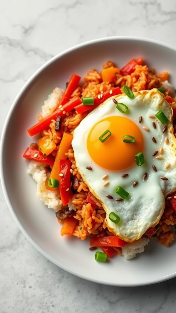 A delicious bowl of Korean Kimchi Fried Rice topped with a sunny-side-up egg and garnished with green onions.