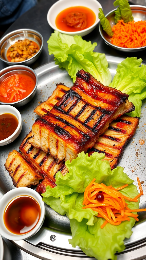 Grilled Korean Samgyupsal pork belly with sides of lettuce and sauces