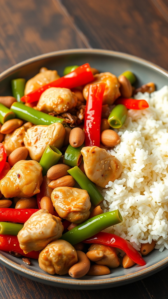 A bowl of Kung Pao Chicken with rice and vegetables.