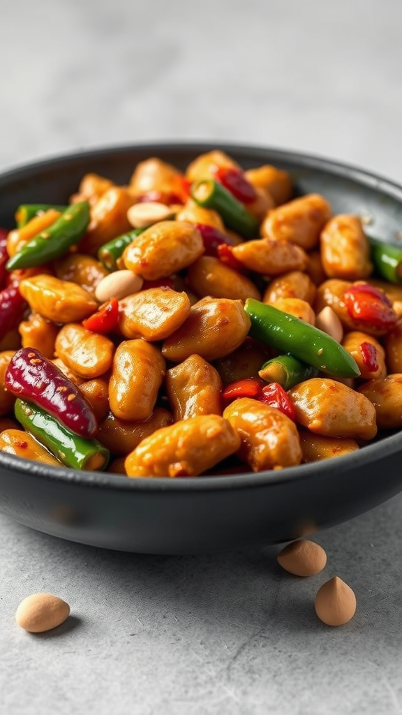 A bowl of Kung Pao Chicken with peanuts and colorful peppers