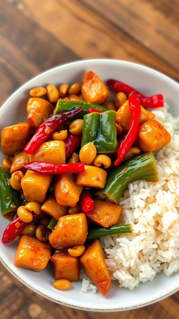 A bowl of Kung Pao Chicken with bell peppers, peanuts, and rice