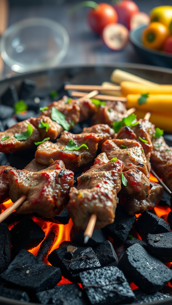 Image of lamb kebabs grilling on charcoal with colorful vegetables in the background
