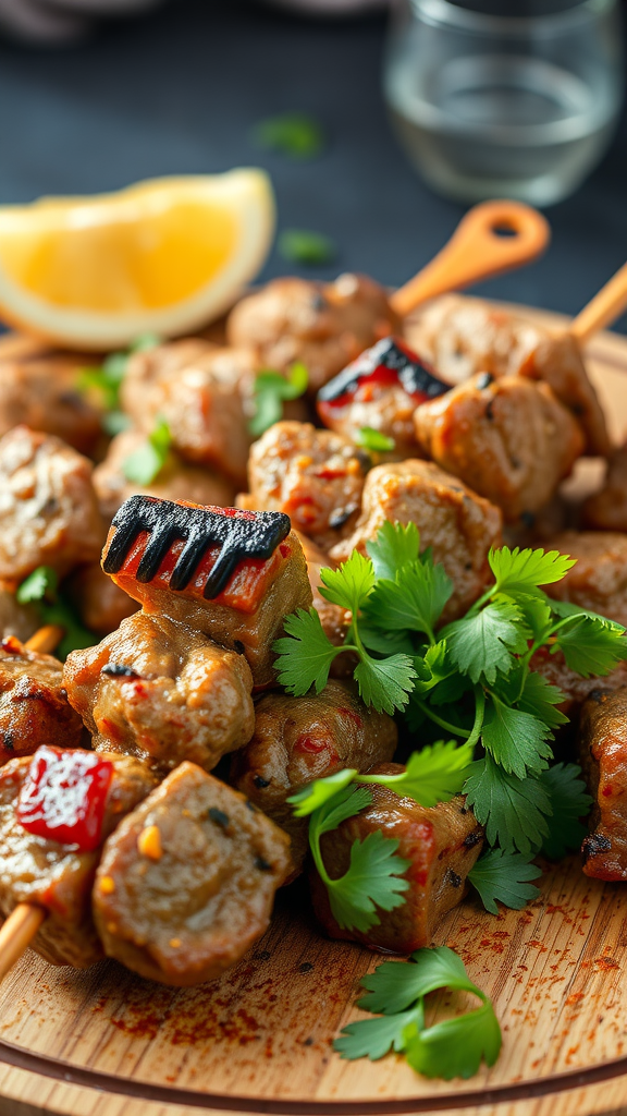 Deliciously grilled lamb kebabs garnished with fresh cilantro and lemon slices.