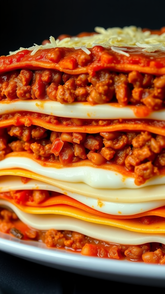 A close-up of a layered lasagna with meat sauce and cheese