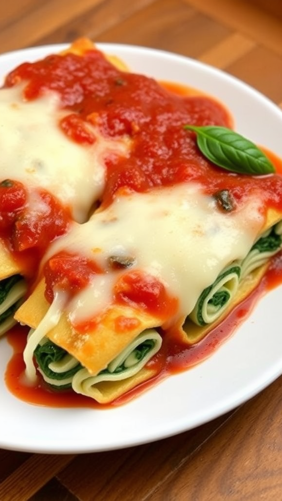 Lasagna roll-ups topped with tomato sauce and basil