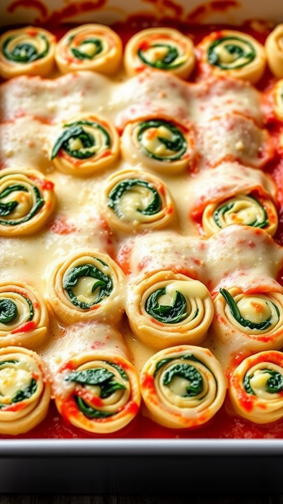A close-up of lasagna roll-ups with spinach and cheese in tomato sauce