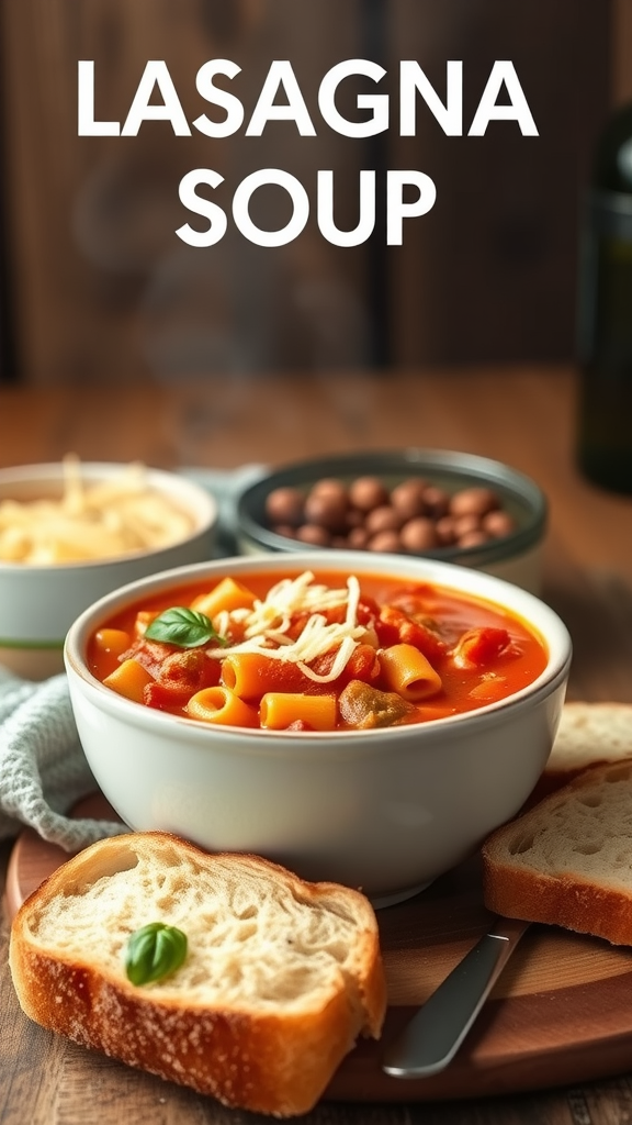 A bowl of lasagna soup topped with cheese and basil, served with bread slices.