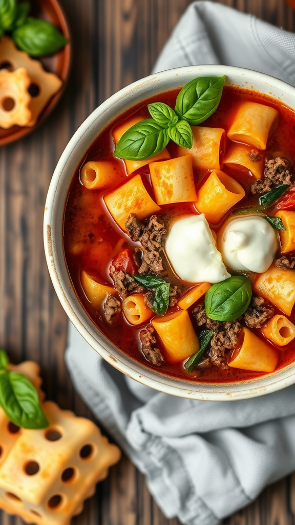 A bowl of lasagna soup topped with basil leaves and cheese, next to a plate of basil and cheese.