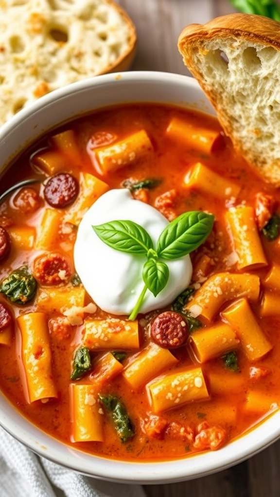 A bowl of lasagna soup with pasta, pepperoni, spinach, and a dollop of ricotta.