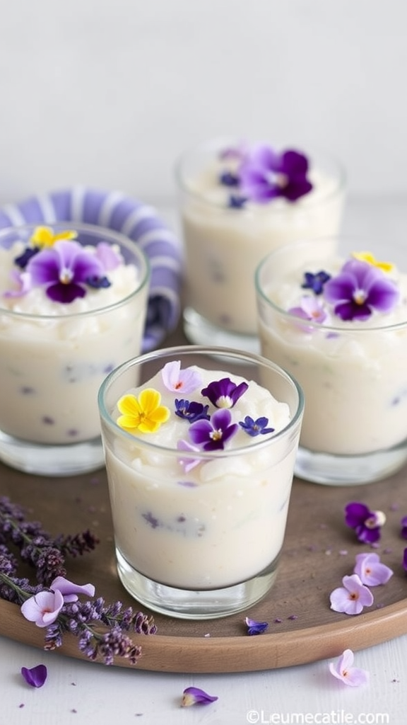 Lavender Honey Rice Pudding served in glasses with edible flowers on top.
