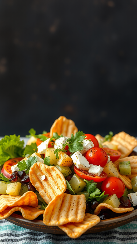A colorful Lebanese Fattoush Salad with fresh vegetables and crispy pita chips