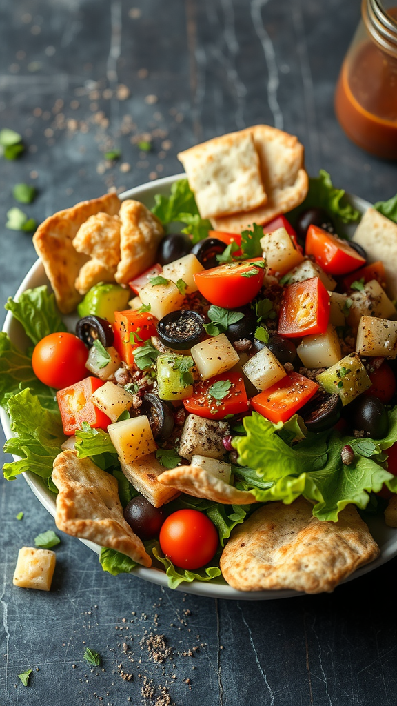 A vibrant Lebanese Fattoush Salad served in a bowl with fresh vegetables and crispy pita chips.