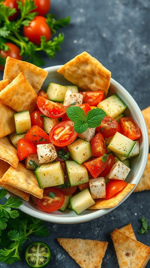 A bowl of Lebanese Fattoush Salad with fresh vegetables and crispy pita chips.