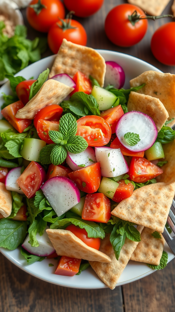 A bowl of Lebanese Fattoush Salad with fresh vegetables and pita bread.