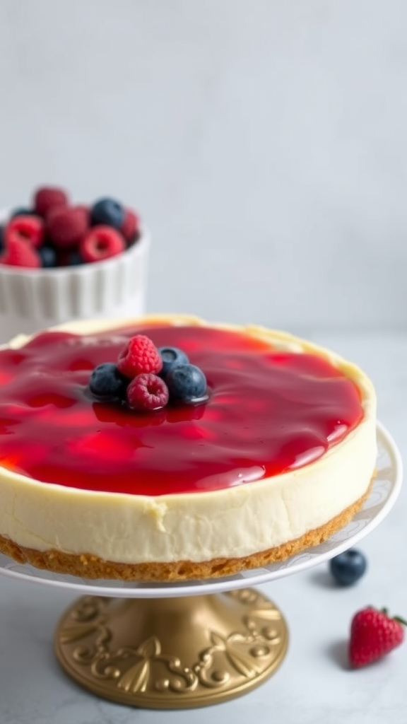 A lemon cheesecake with berry compote on a decorative stand, garnished with fresh raspberries and blueberries.