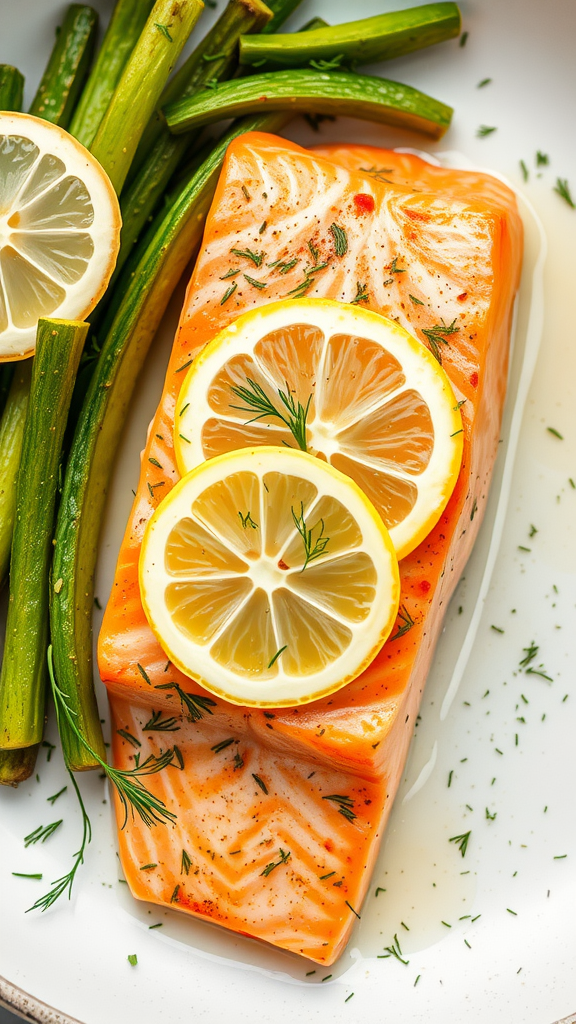 Baked salmon fillet topped with lemon slices and dill served with green beans.