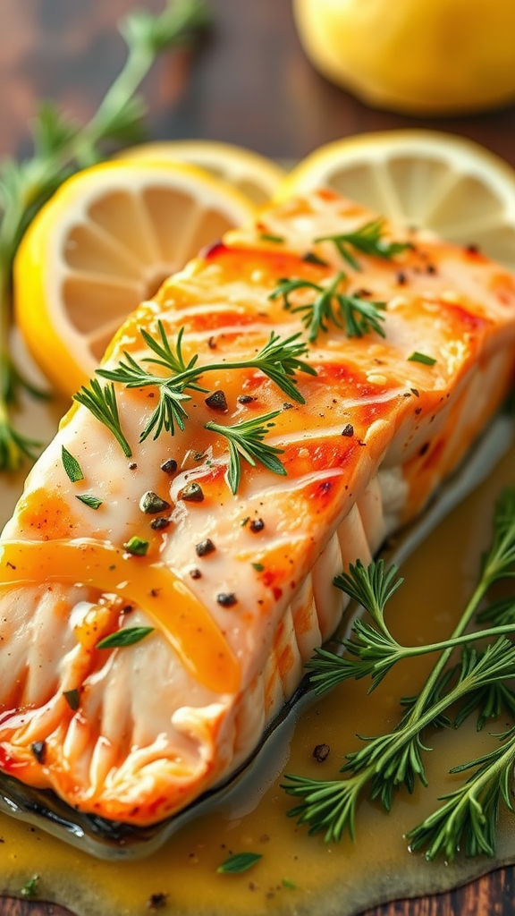 A beautifully cooked piece of lemon dill salmon garnished with herbs and lemon slices.