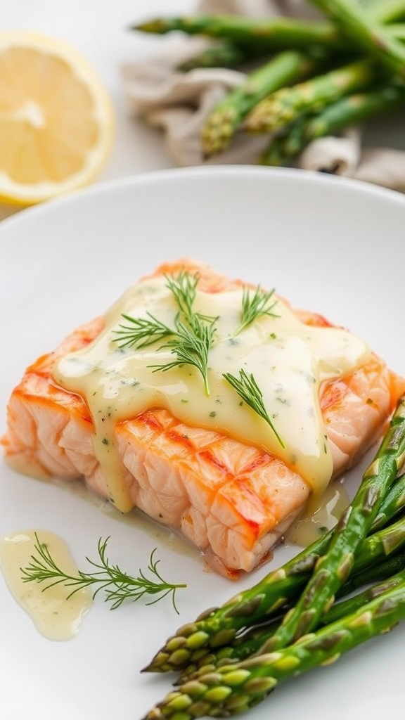 A delicious plate of lemon dill salmon with asparagus.