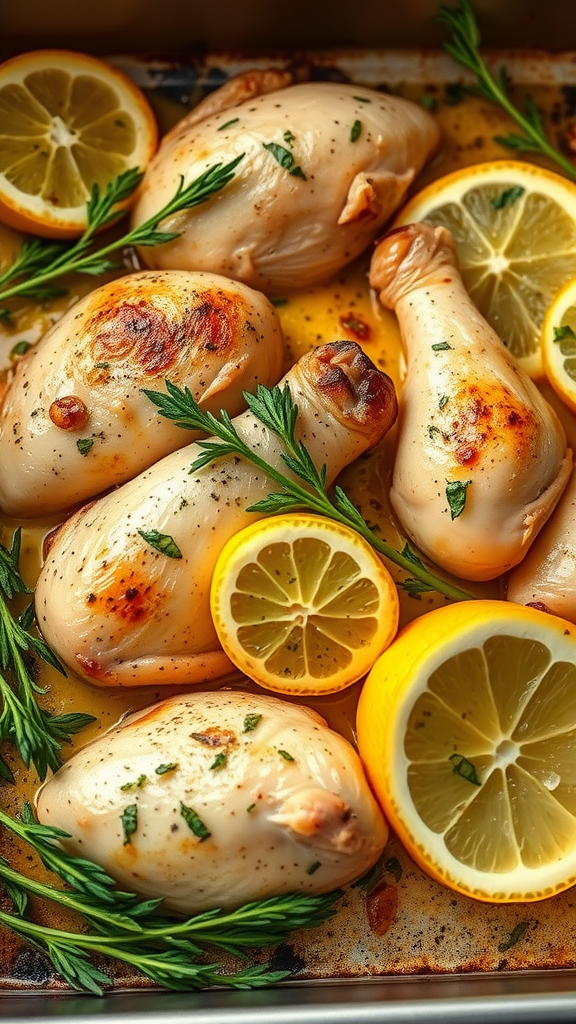 Lemon garlic chicken with lemon slices and herbs