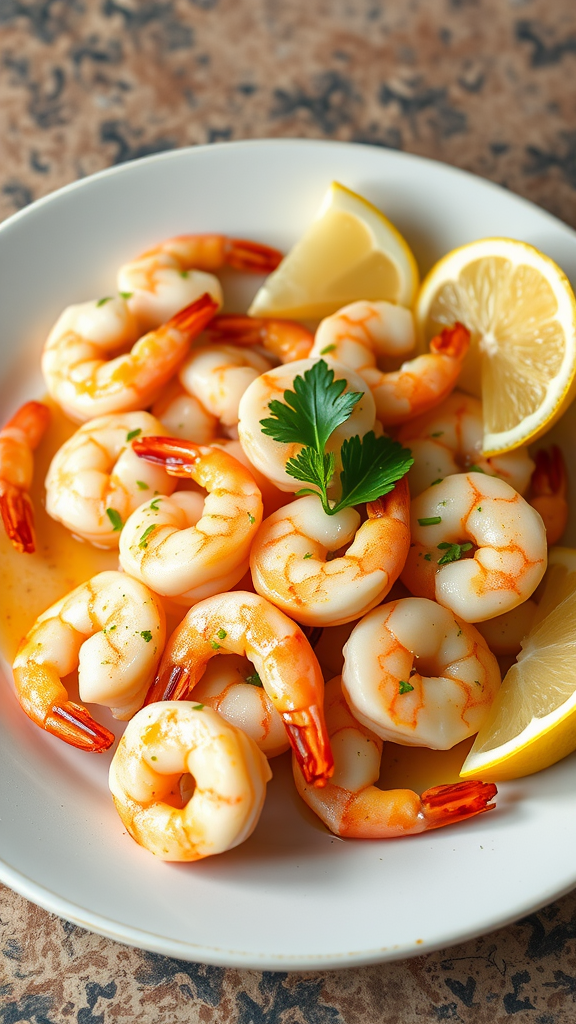 A plate of lemon garlic shrimp with parsley and lemon wedges