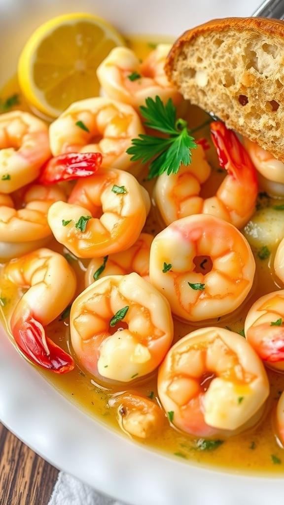 A close-up of lemon garlic shrimp garnished with parsley, served with a slice of lemon and bread.