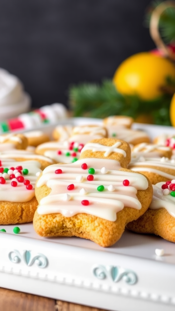 A plate of decorated lemon gingerbread cookies in festive shapes, with colorful icing and sprinkles, alongside lemon and greenery.