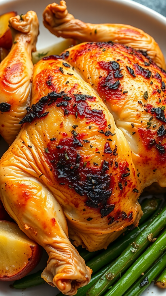 Roasted chicken with herbs served with green beans and potatoes