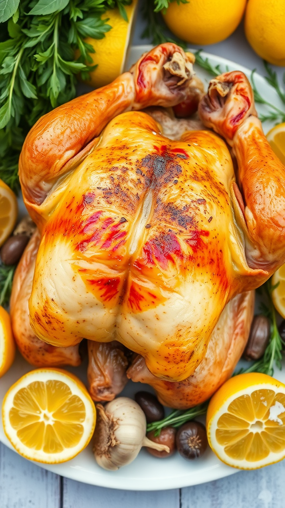 A beautifully roasted chicken surrounded by lemon slices and herbs