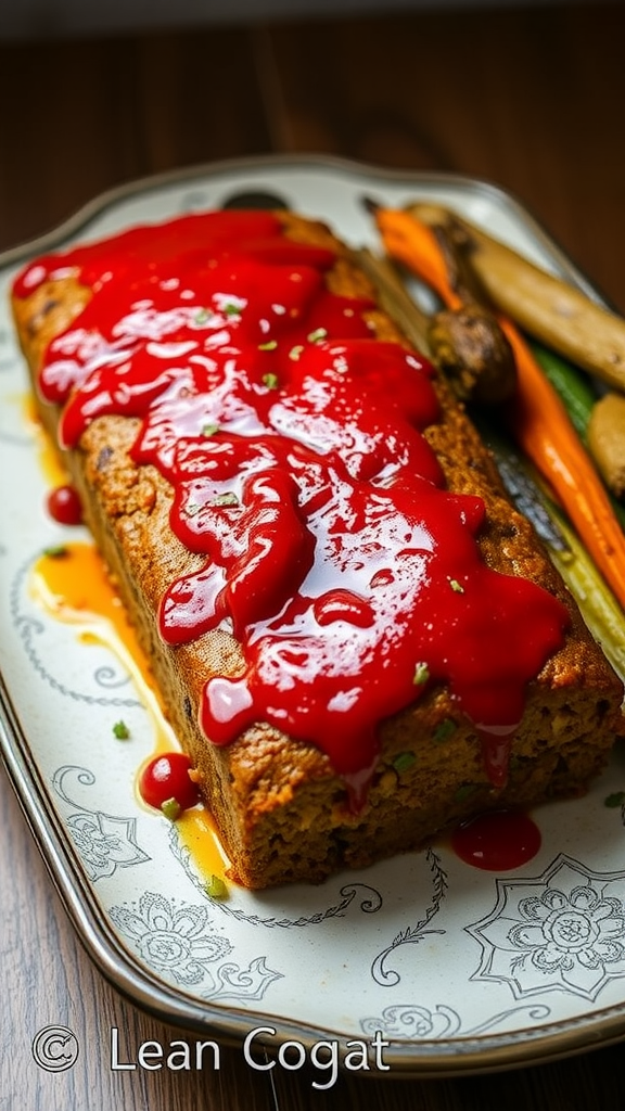 Delicious lentil loaf topped with ketchup, served with colorful roasted vegetables.