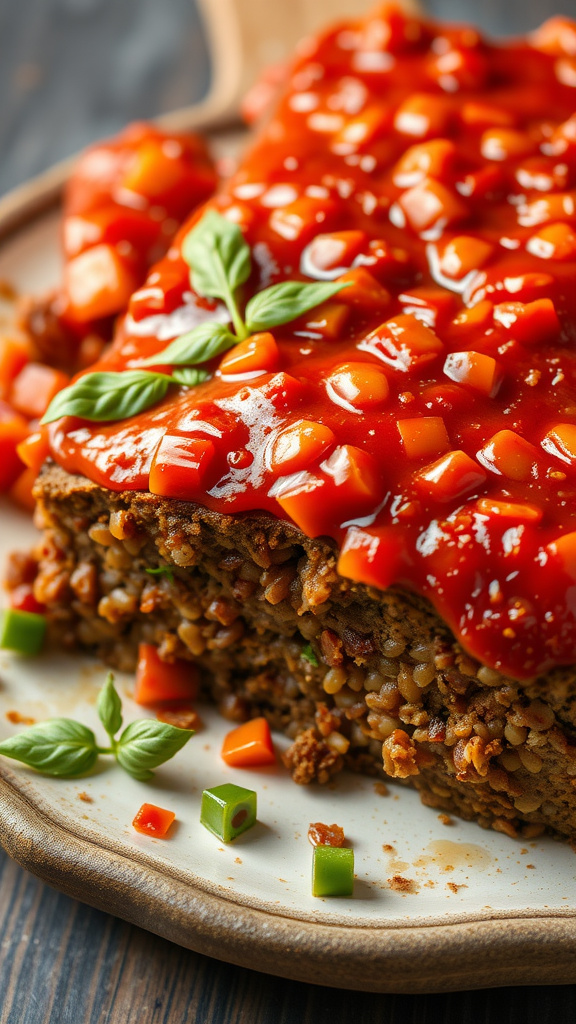 A hearty lentil loaf topped with a rich tomato sauce and colorful diced vegetables