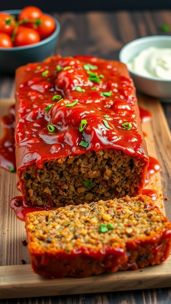 A delicious lentil loaf topped with tomato sauce, garnished with green onions, served with fresh tomatoes.