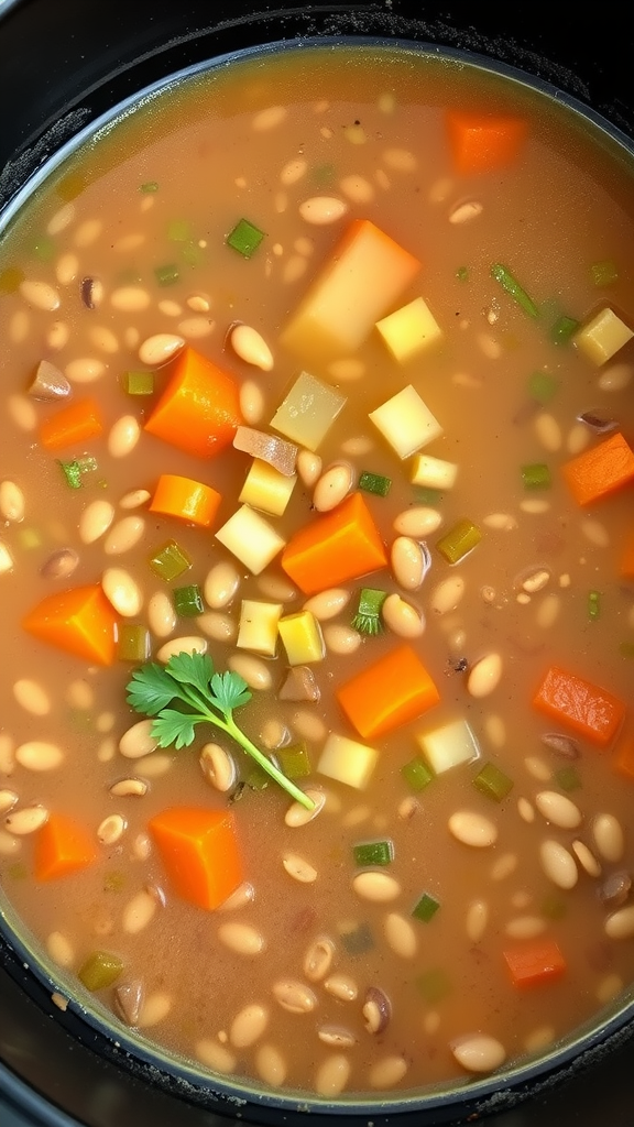 A bowl of colorful lentil soup with carrots, potatoes, and spices in a crockpot