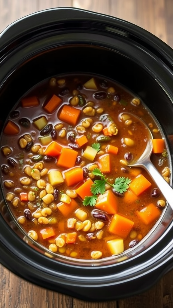 A black crockpot filled with colorful lentil soup, featuring carrots, beans, and a rich broth.