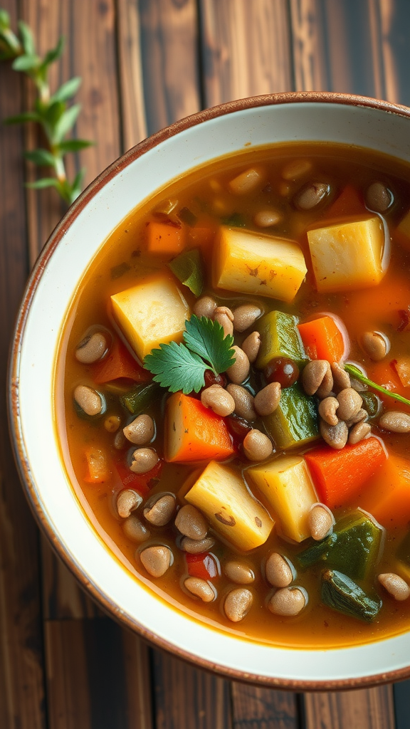 A bowl of colorful lentil soup with vegetables, placed on a wooden table.