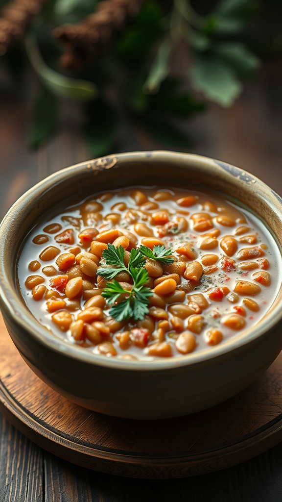 A bowl of lentil soup garnished with fresh herbs on a wooden table.