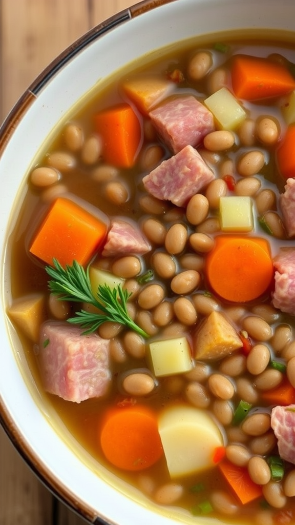 Bowl of lentil soup with ham, carrots, and potatoes