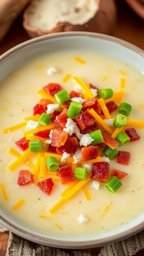 A bowl of loaded baked potato soup topped with cheese, bacon, and green onions.
