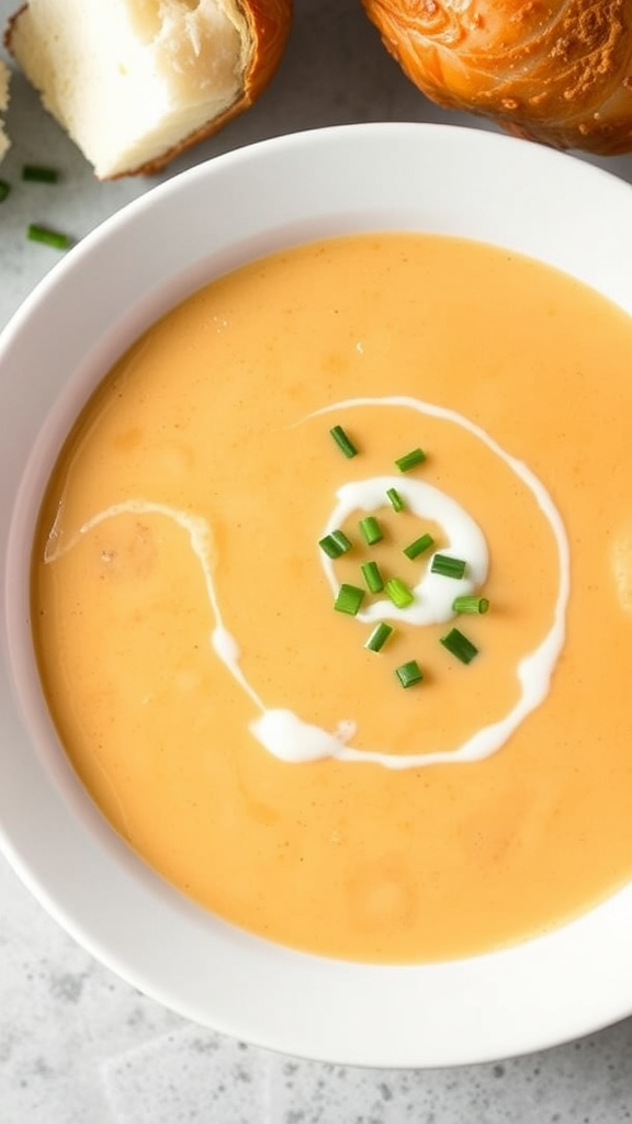 A bowl of creamy lobster bisque garnished with chives, accompanied by bread.