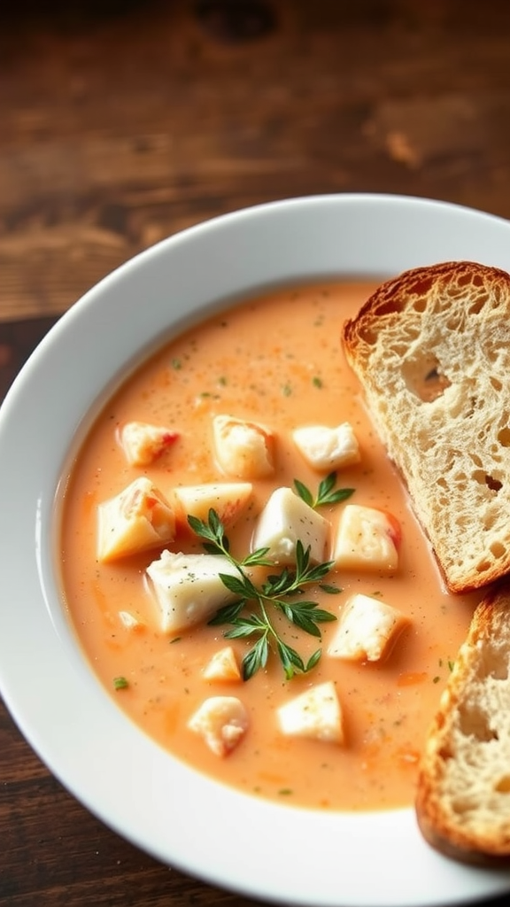 A bowl of lobster bisque with bread on the side.