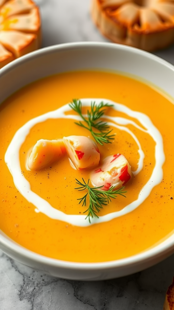 A bowl of lobster bisque topped with cream and lobster chunks, garnished with dill.